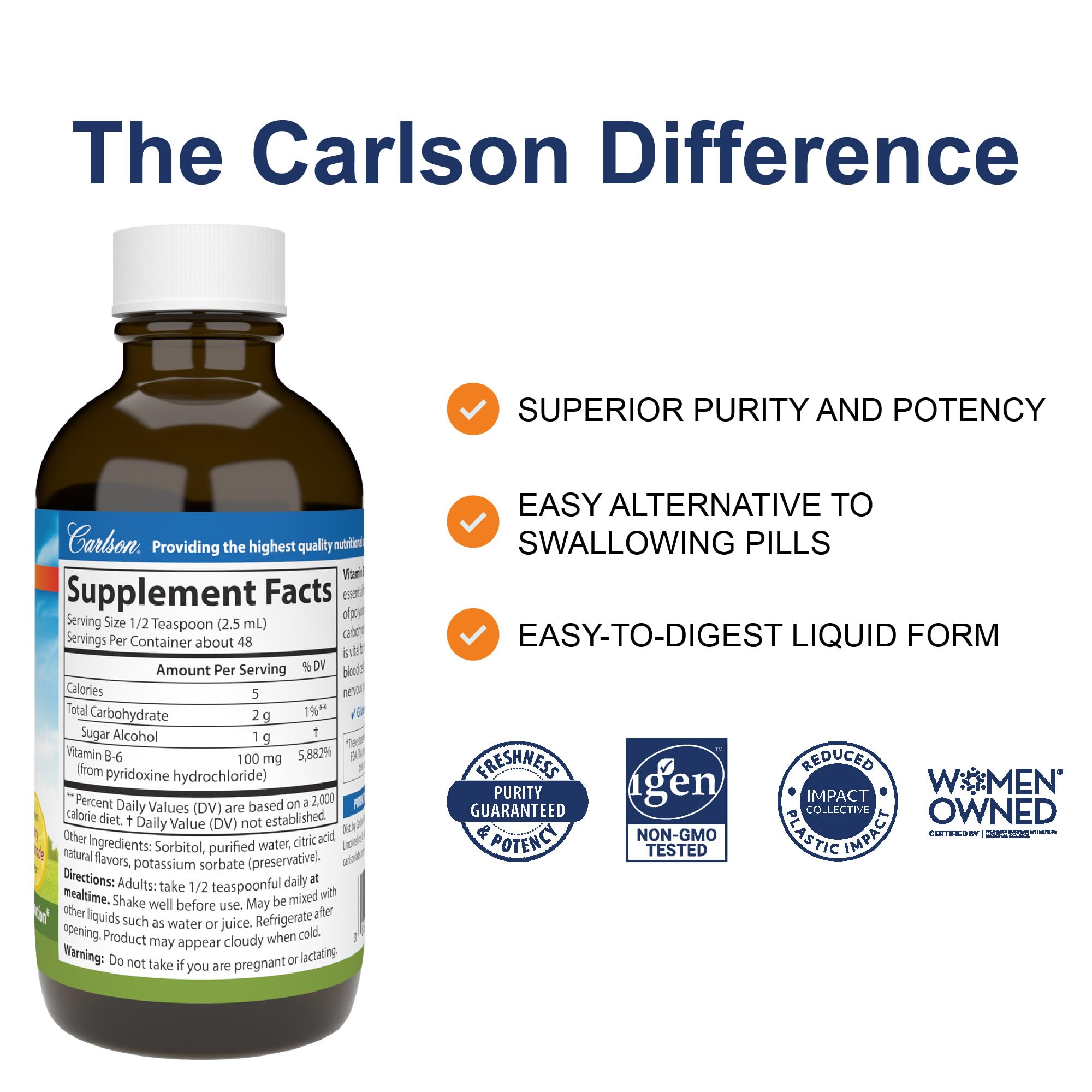 Carlson Vitamin B6 Liquid berry lemonade flavor supplement label details