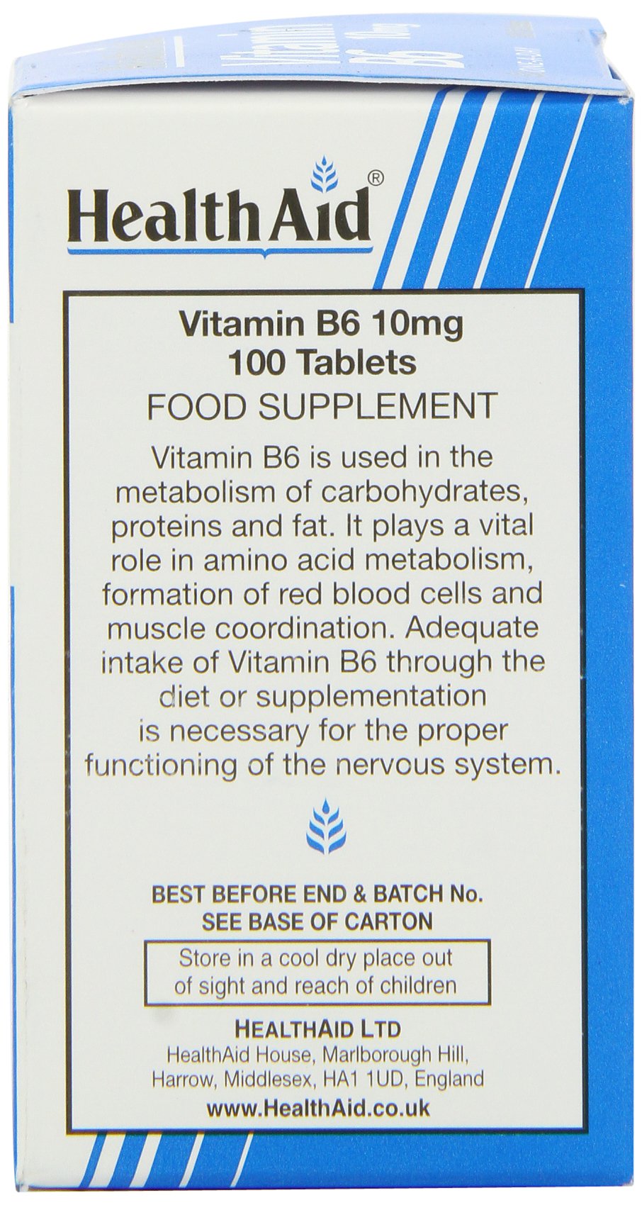 HealthAid Vitamin B6 10mg 100 vegan tablets supplemental facts label