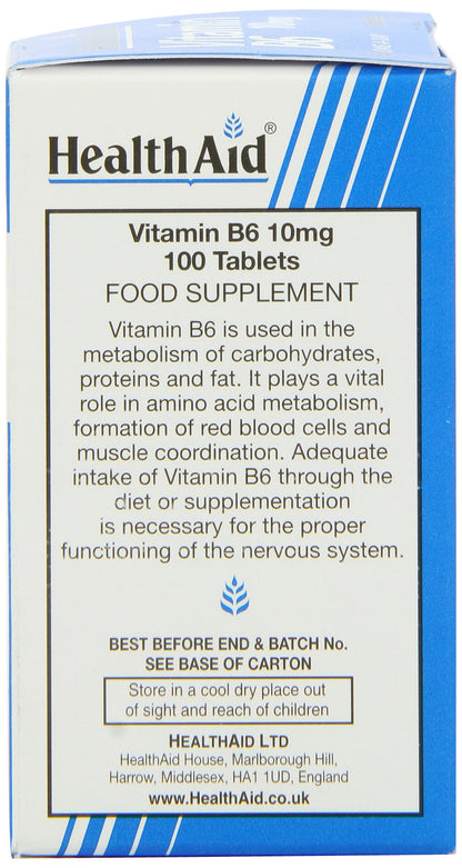 HealthAid Vitamin B6 10mg 100 vegan tablets supplemental facts label