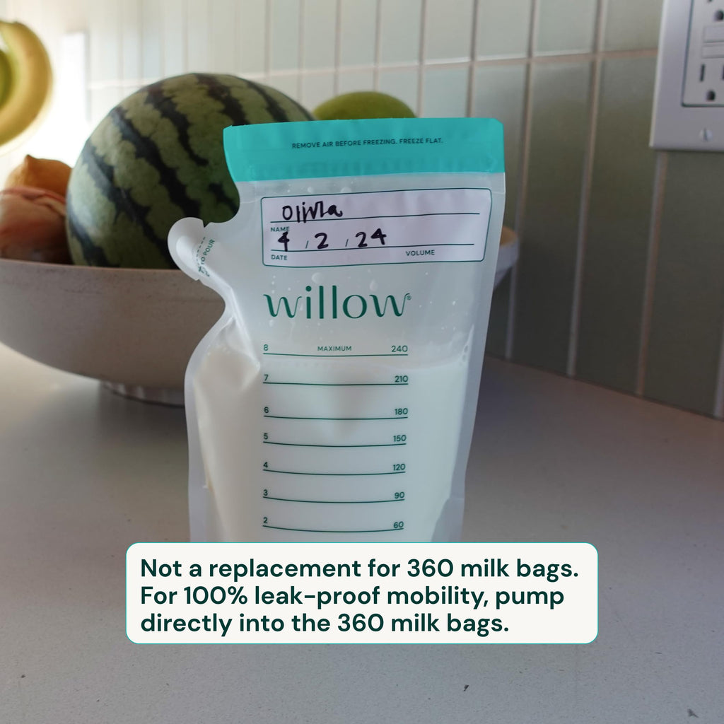 Willow breast milk storage bags being filled from a pump