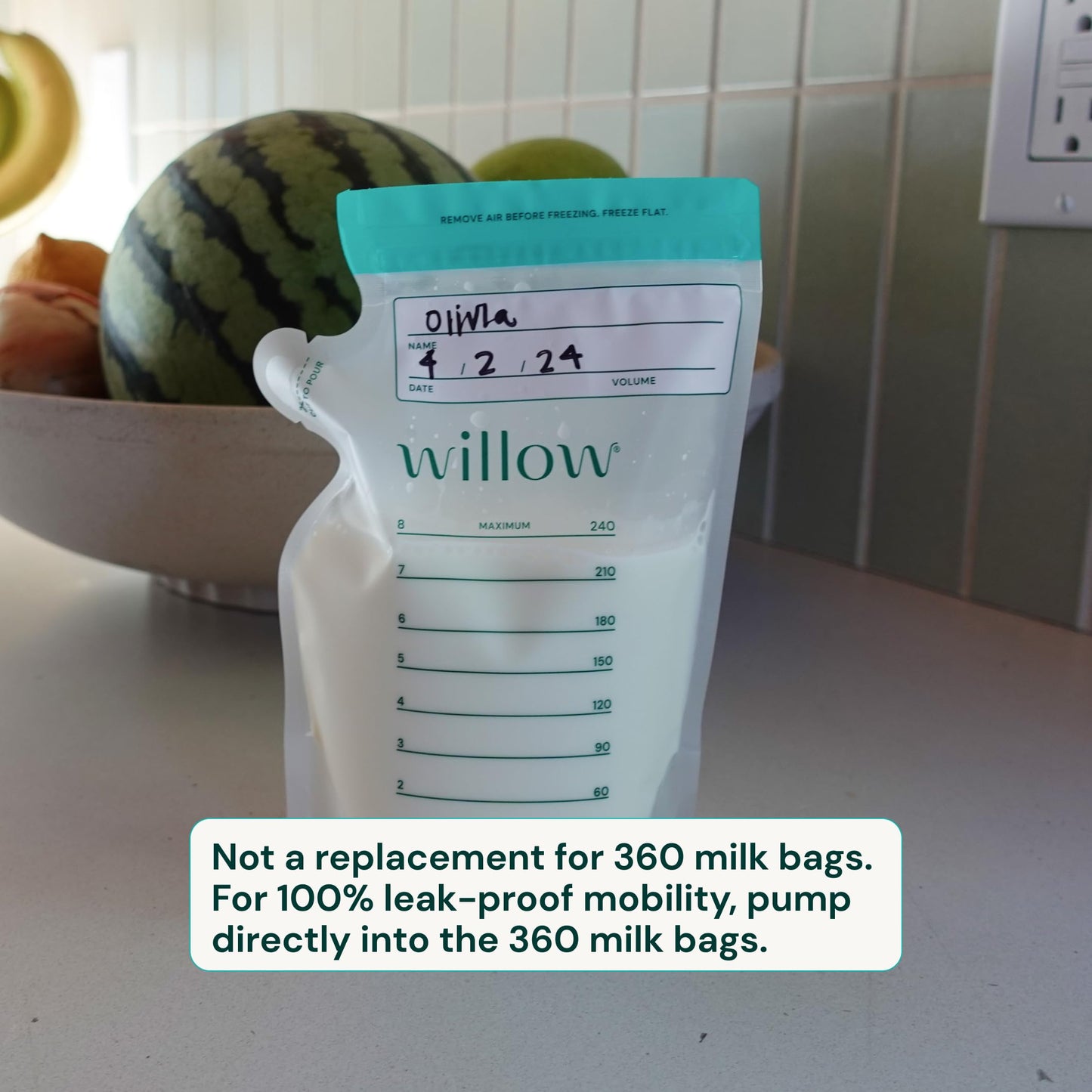 Willow breast milk storage bags being filled from a pump