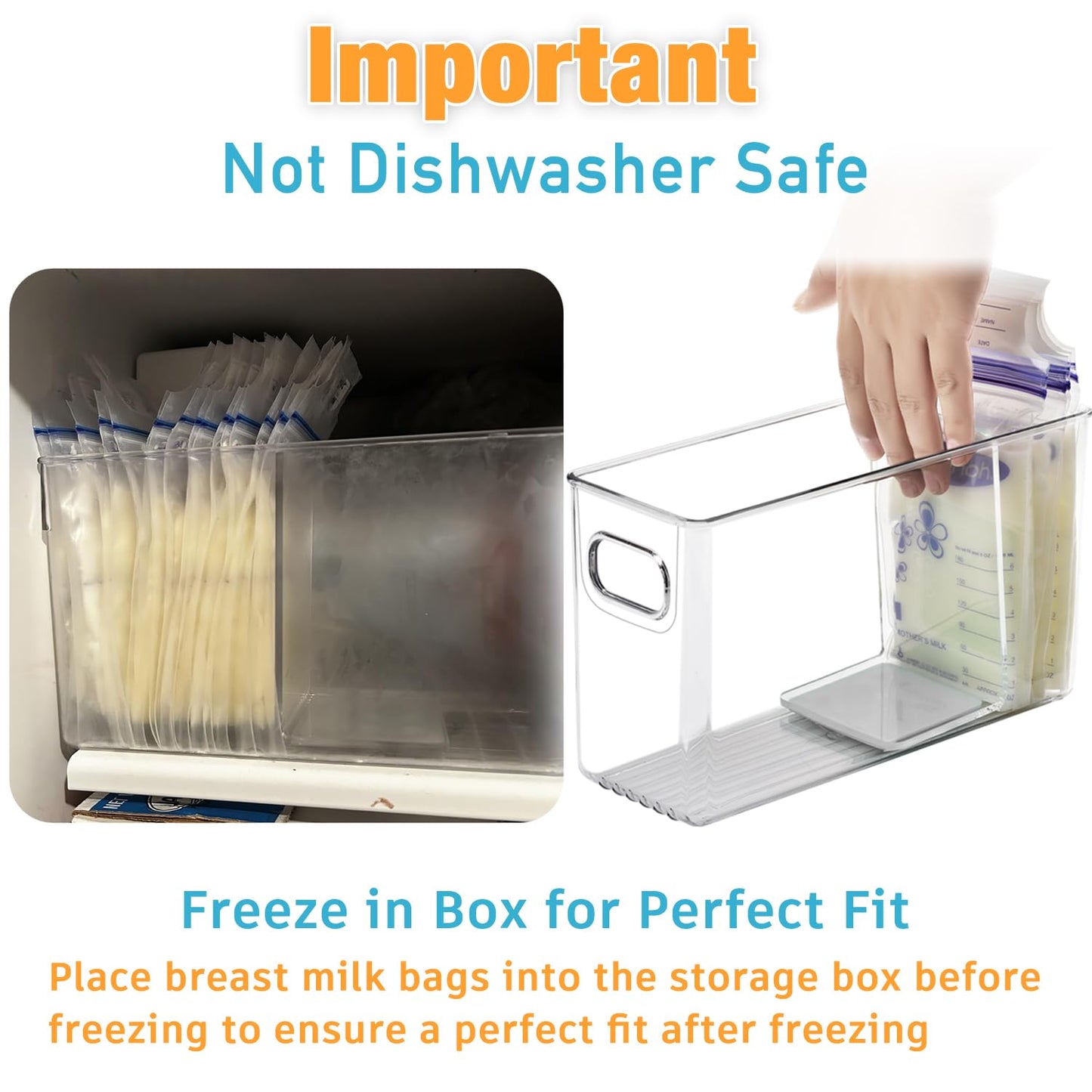 Two clear acrylic breast milk organizers with milk bags