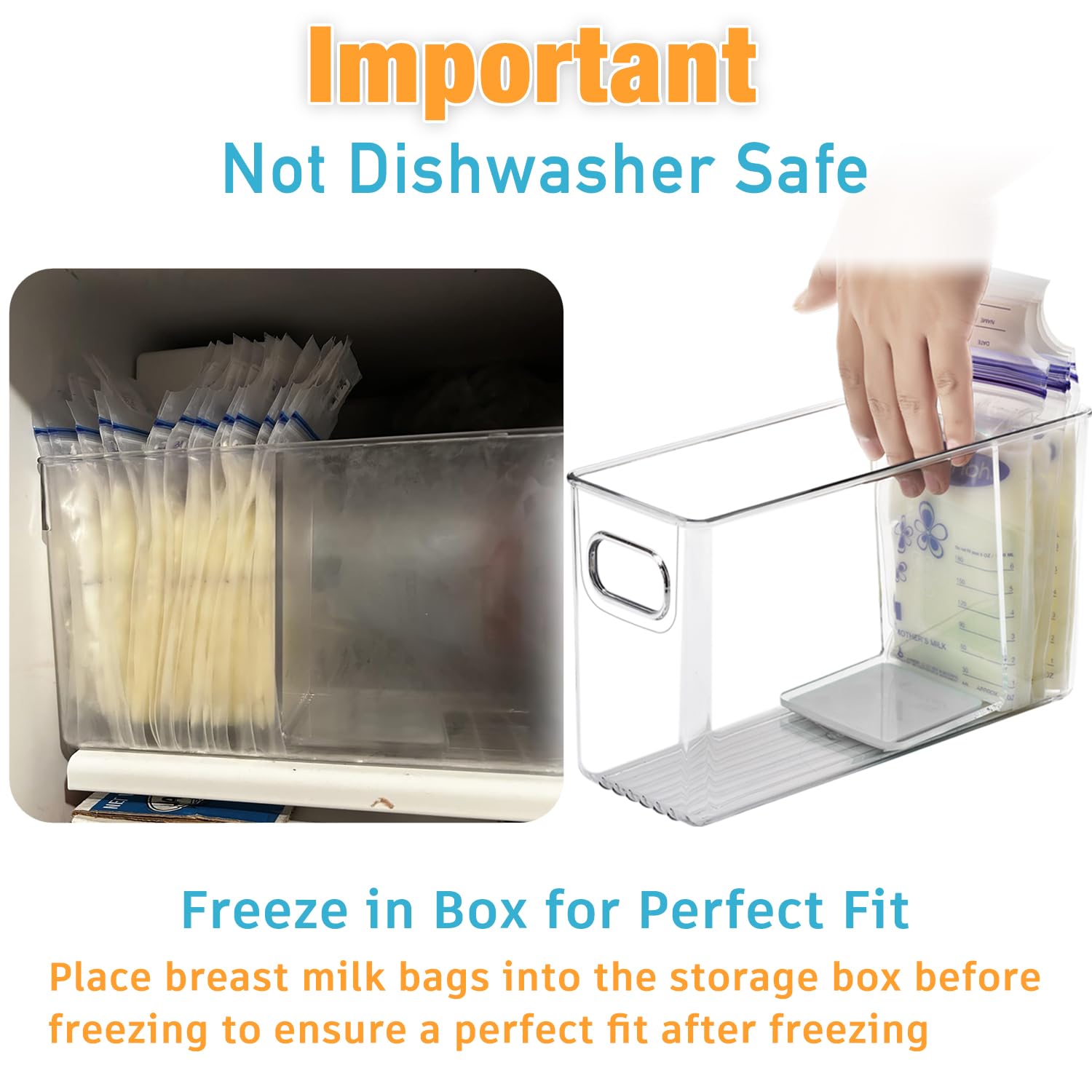 Two clear acrylic breast milk organizers with milk bags