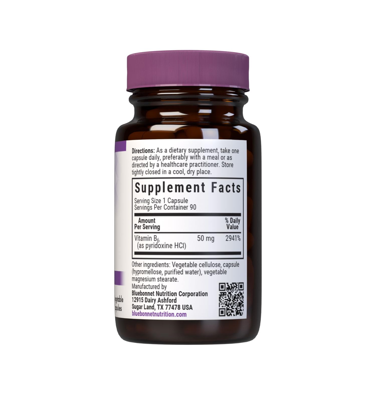 Bluebonnet Vitamin B6 50mg supplement facts label showing pure crystalline pyridoxine ingredients.