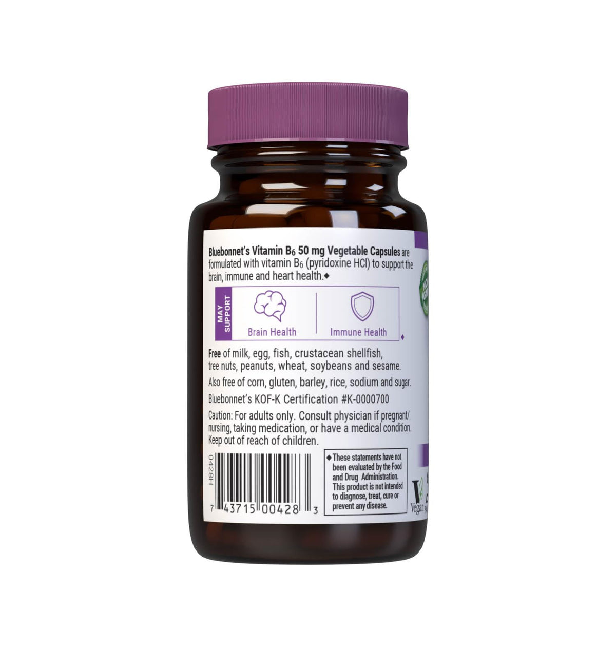 Side profile of Bluebonnet Vitamin B6 dietary supplement highlighting vegan and gluten free certifications.