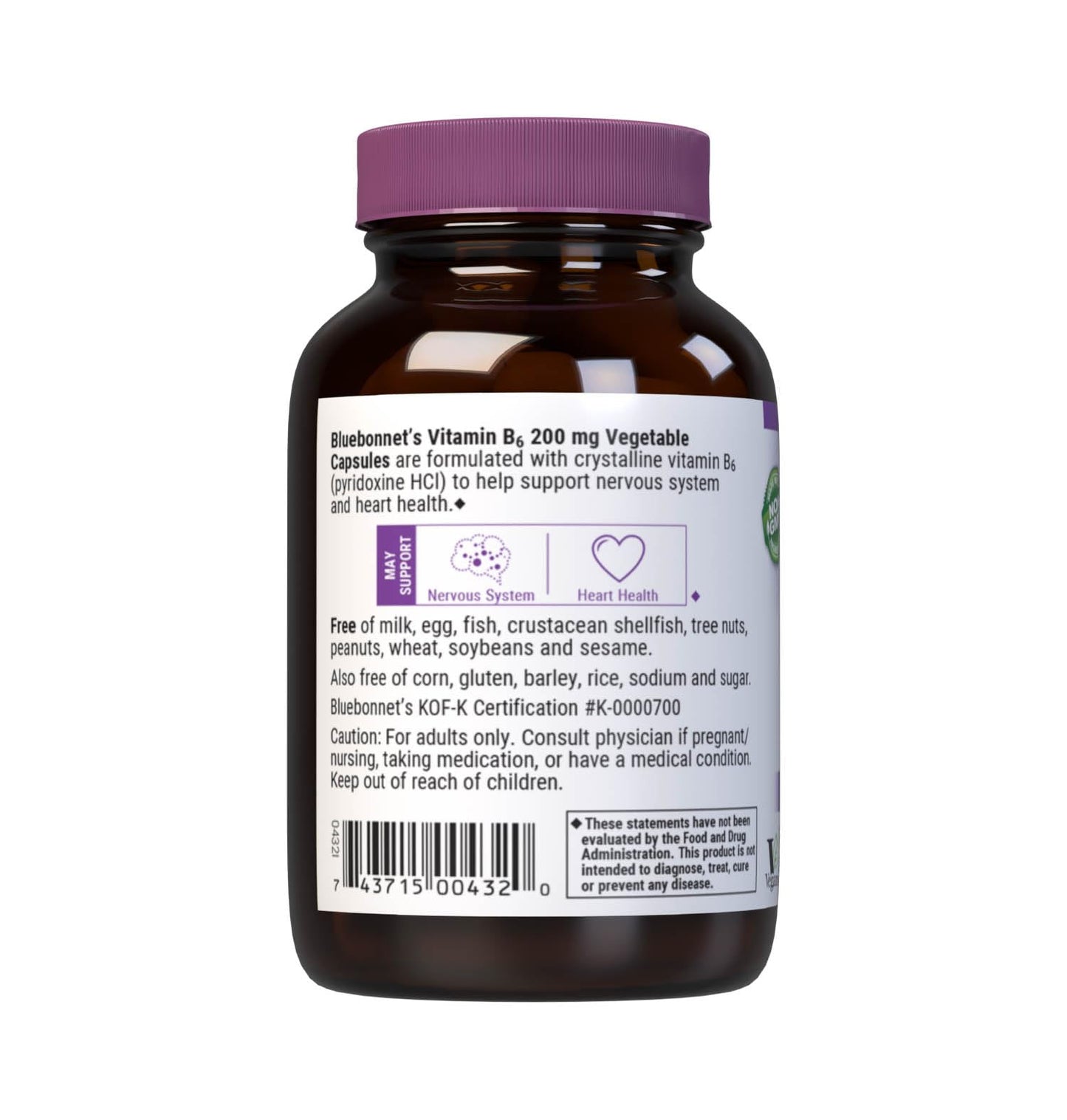 USA imported Bluebonnet B6 200 mg vegan capsules dietary facts label