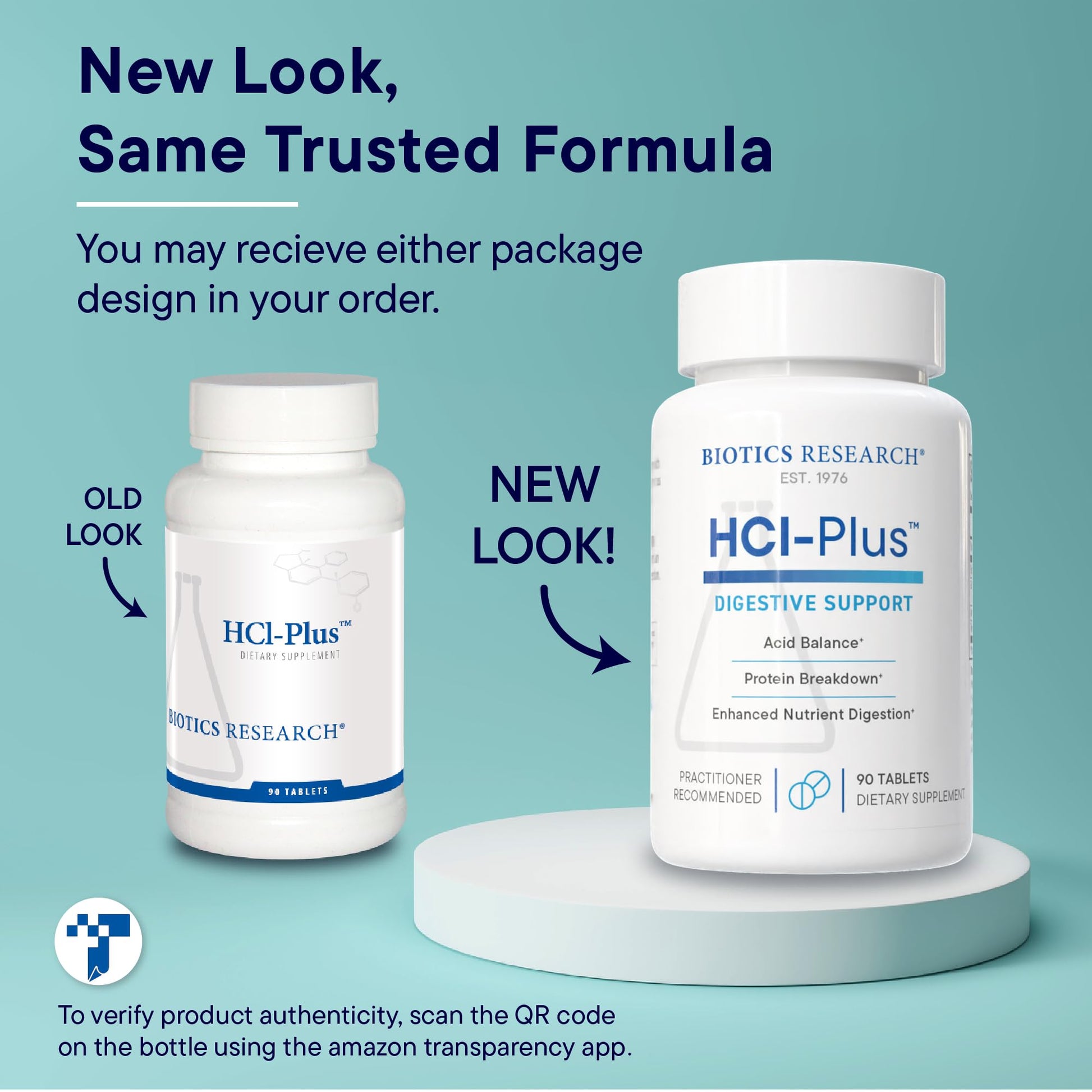 Biotics Research HCl Plus bottle with 90 dietary supplement tablets close up
