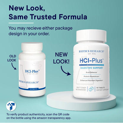 Biotics Research HCl Plus bottle with 90 dietary supplement tablets close up