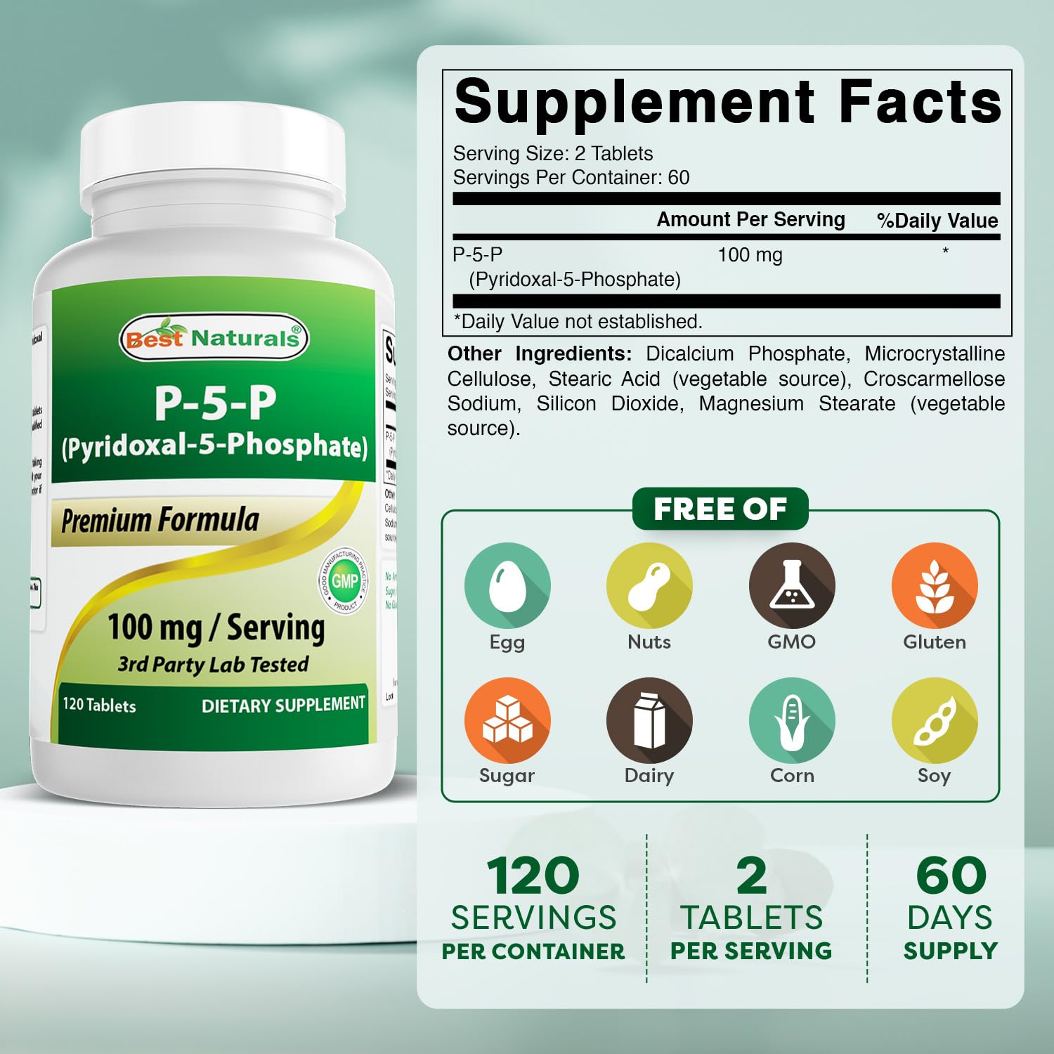 Best Naturals P5P Vitamin B6 label showing 120 tablets and active form