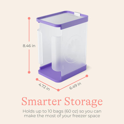 Lansinoh storage container standing vertically in a freezer