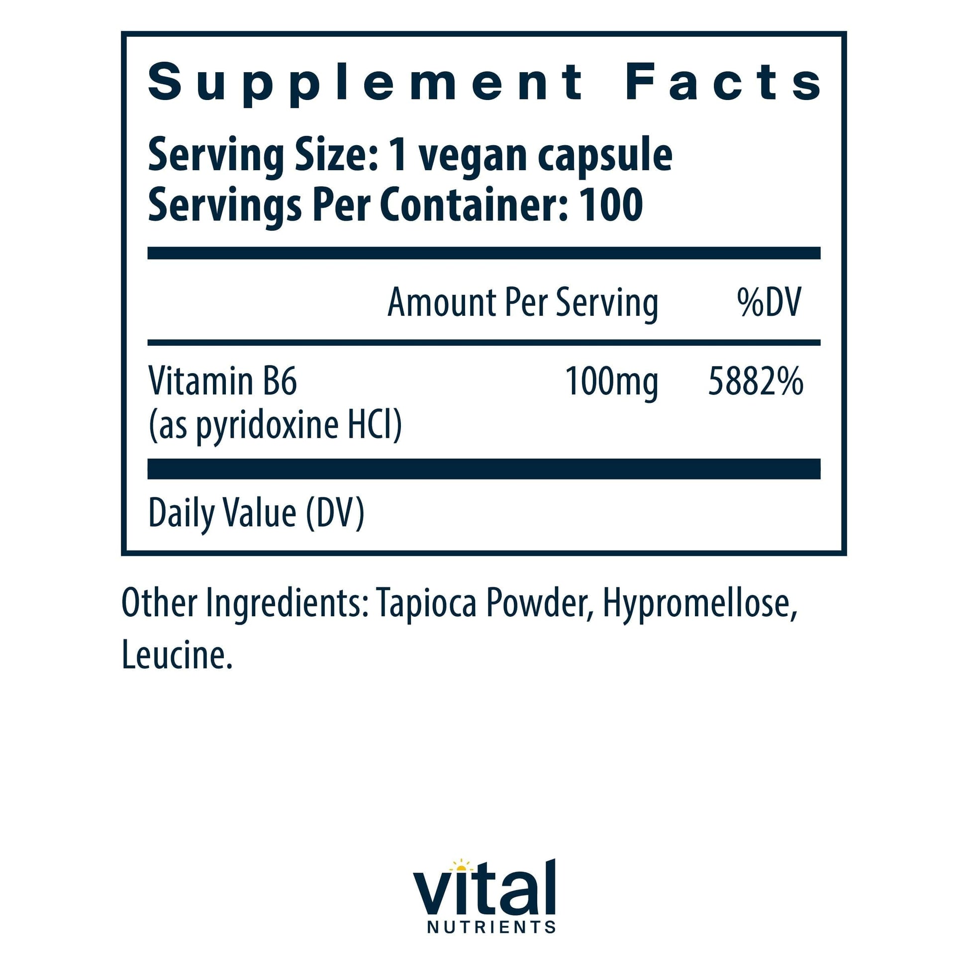 Vegan Pyridoxine HCl capsules label showing hypoallergenic and gluten free certifications.