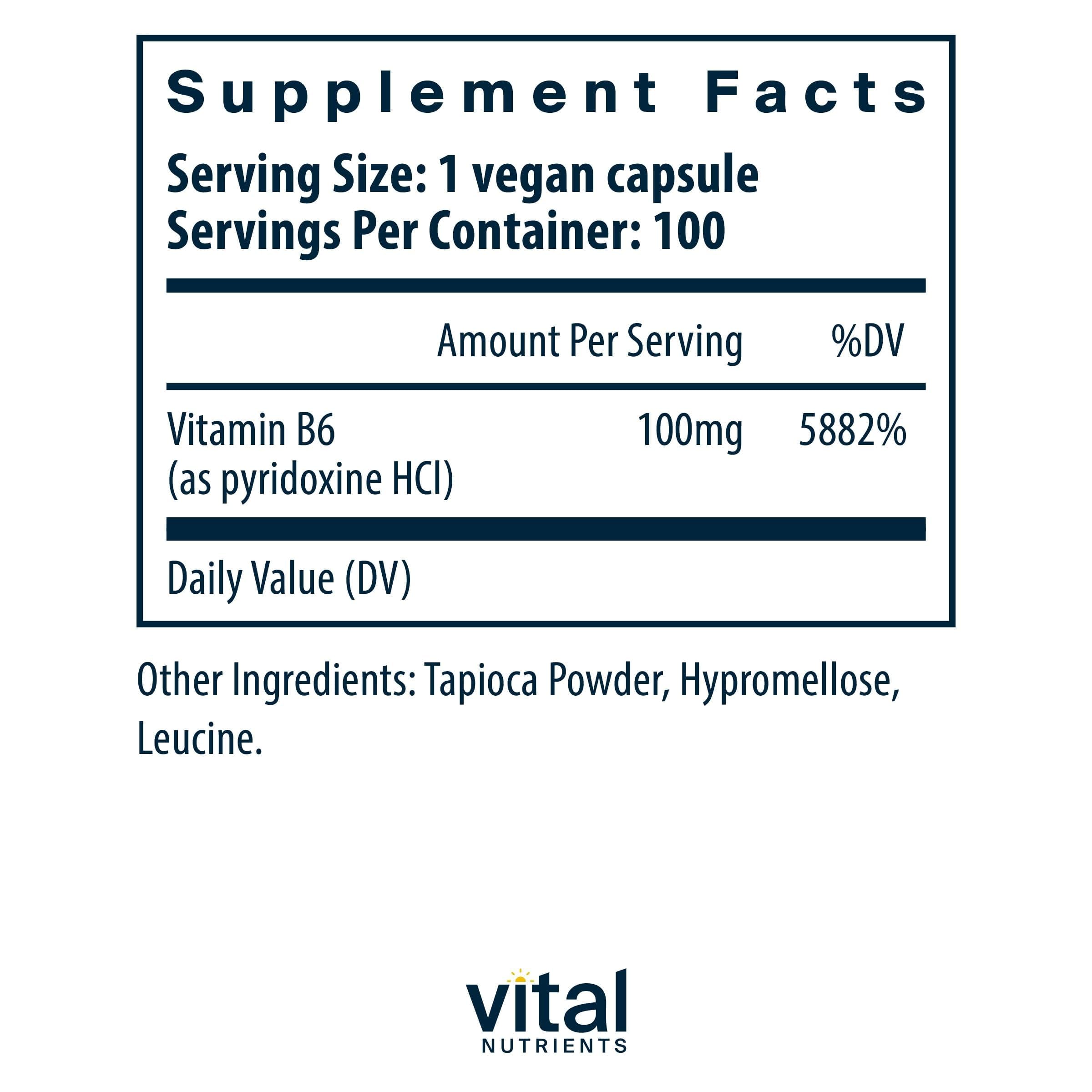 Vegan Pyridoxine HCl capsules label showing hypoallergenic and gluten free certifications.