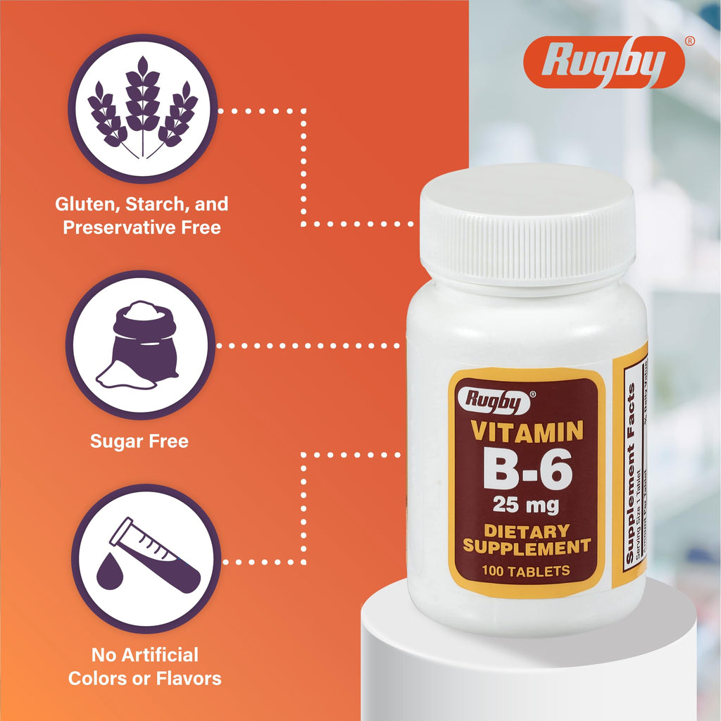 Side view of Rugby Vitamin B6 dietary supplement container
