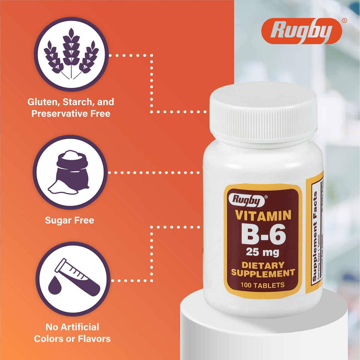 Side view of Rugby Vitamin B6 dietary supplement container