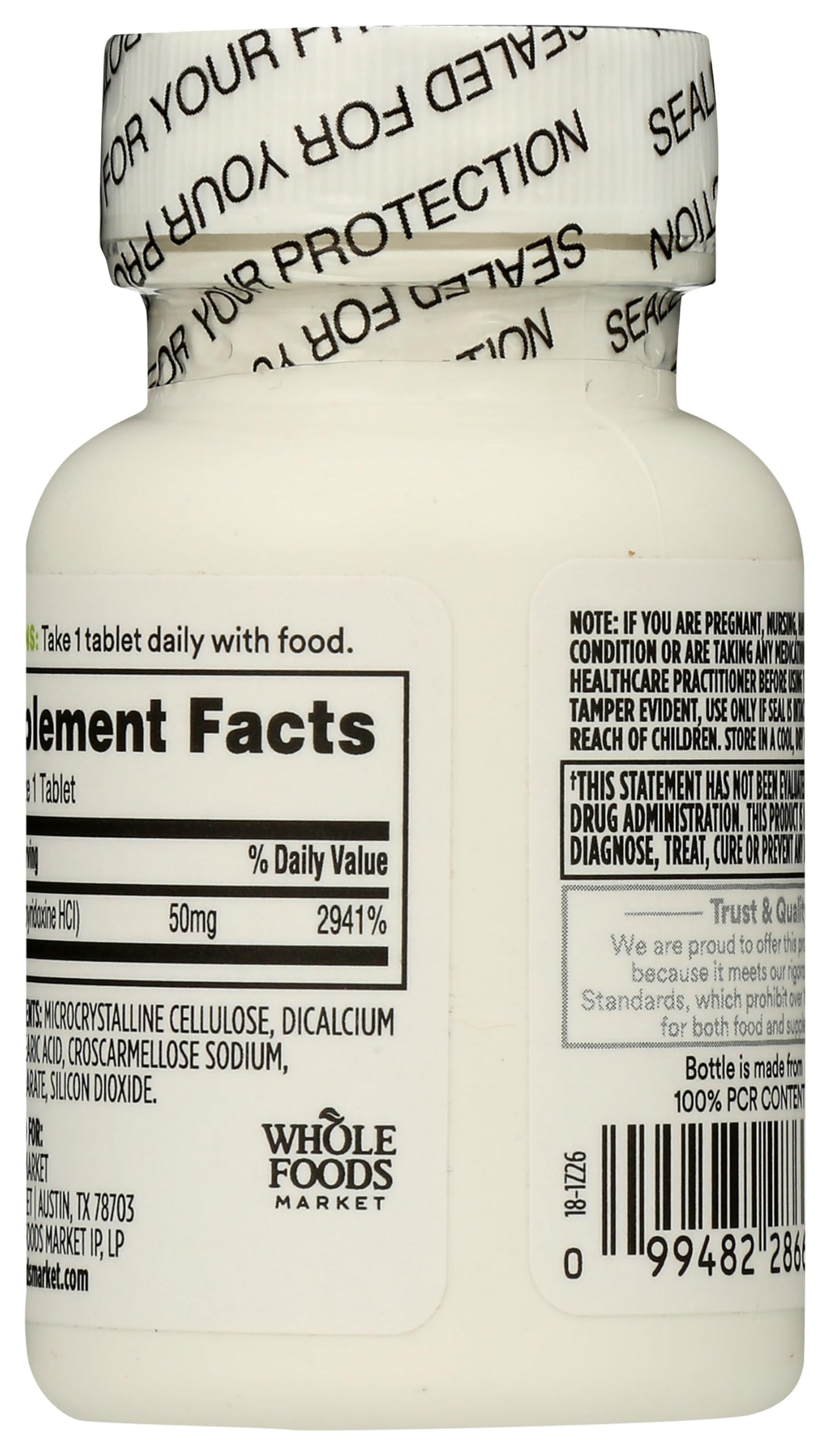 Side view of 365 Vitamin B6 vegan tablets bottle