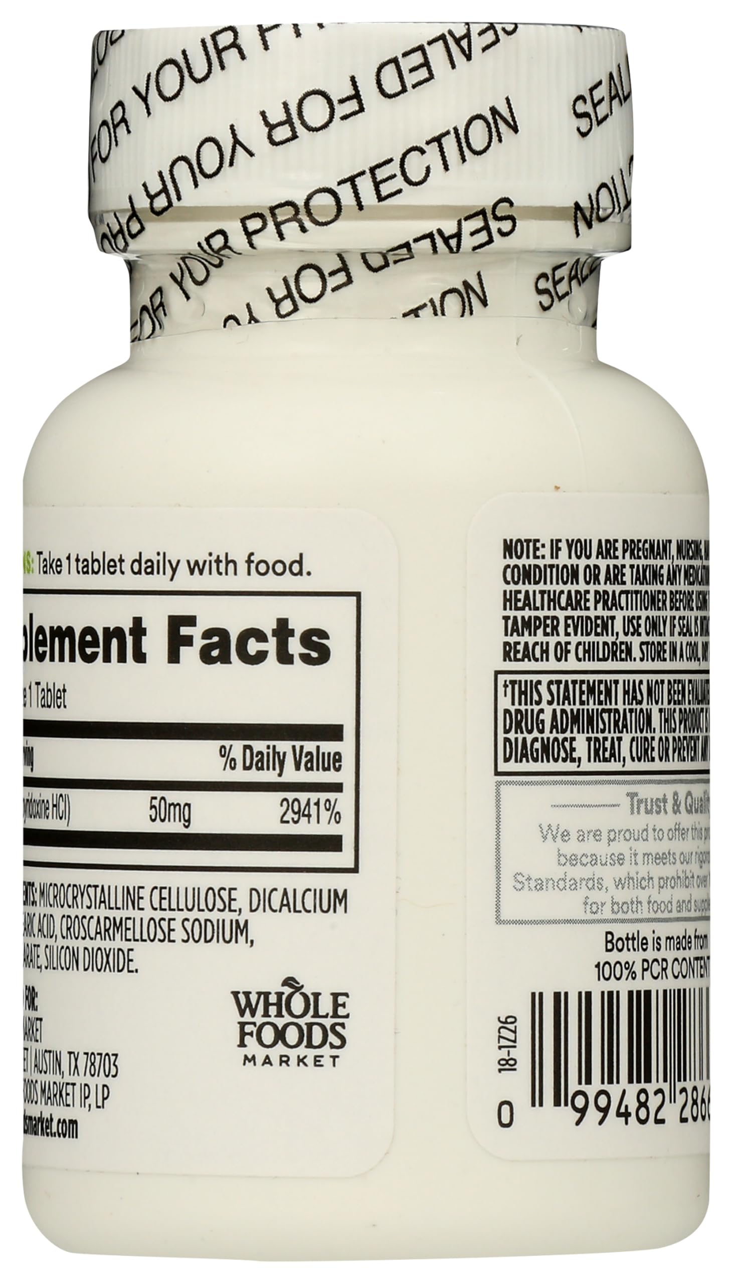 Side view of 365 Vitamin B6 vegan tablets bottle