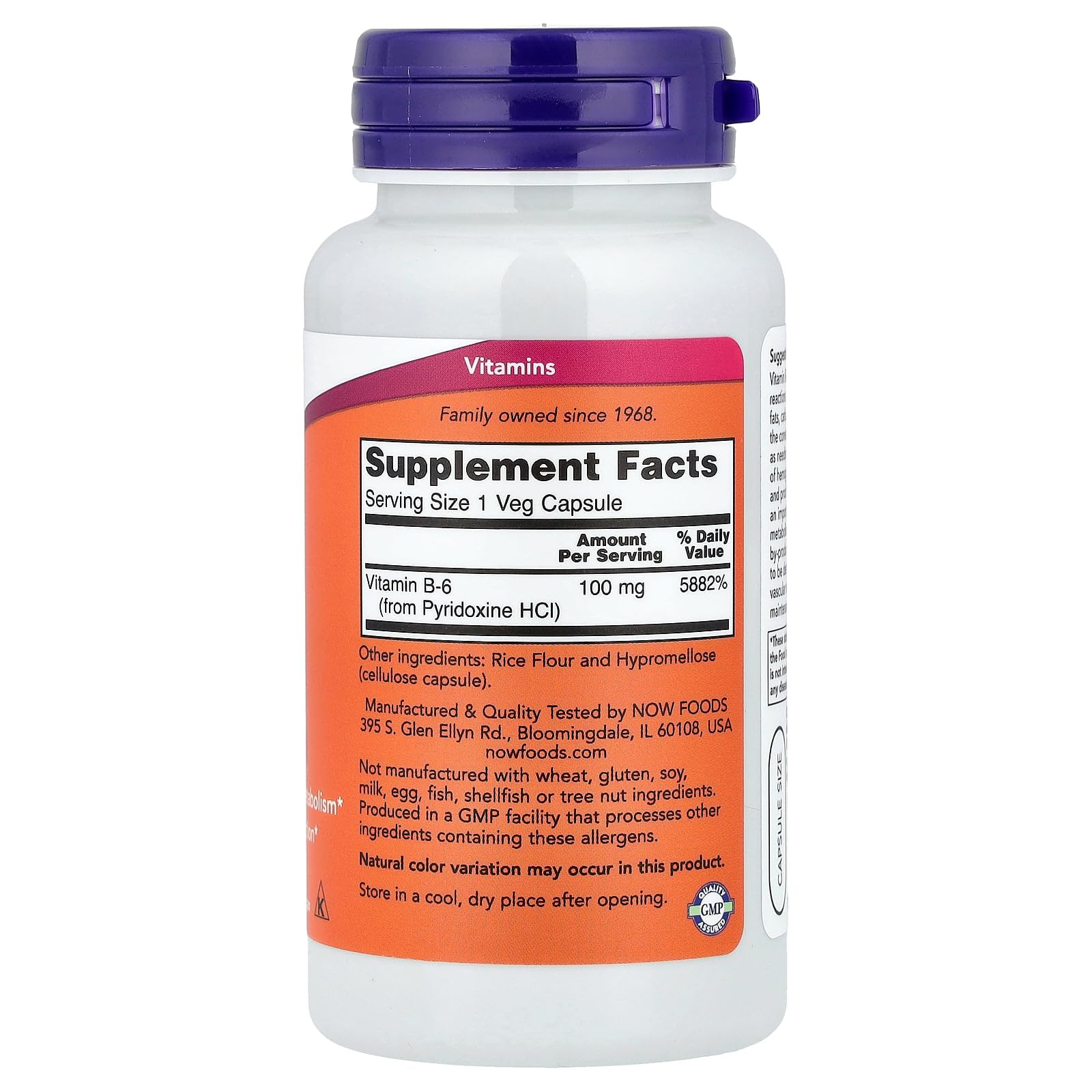 Supplement facts and ingredients label of NOW Foods Pyridoxine Vitamin B6 100 Milligrams supplement.