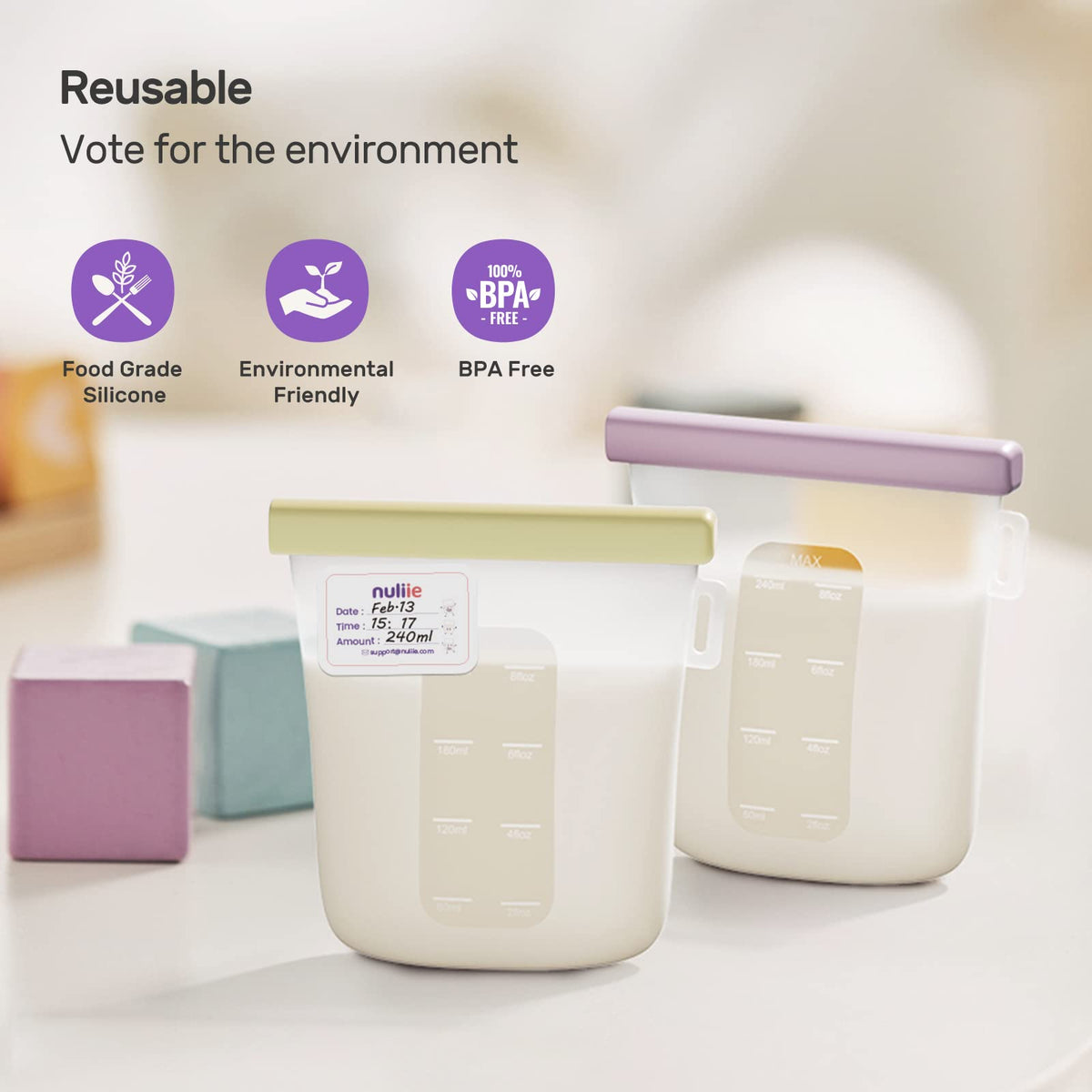 Nuliie milk storage bags with clear volume markings