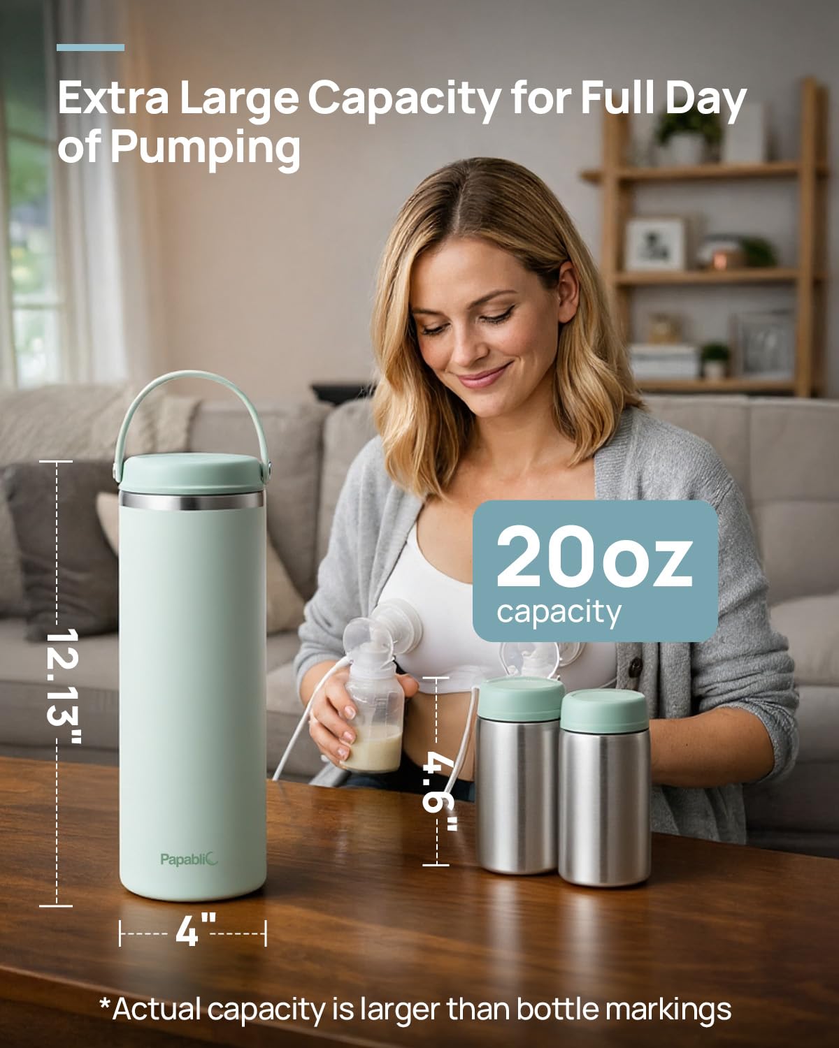 Mint green Papablic breast milk cooler showing compact travel size