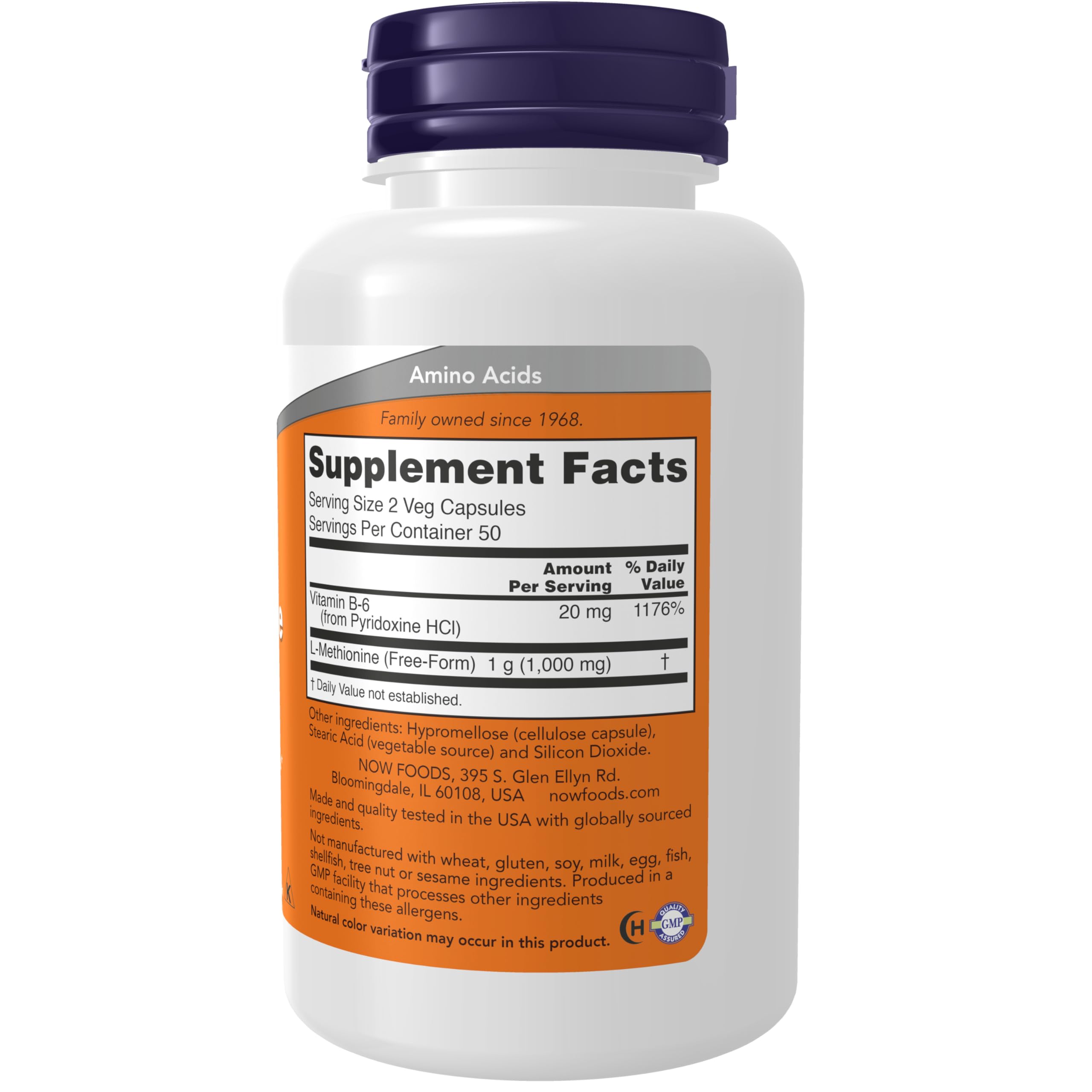 NOW Foods L-Methionine supplement facts panel showing amino acid and Vitamin B6 dosage