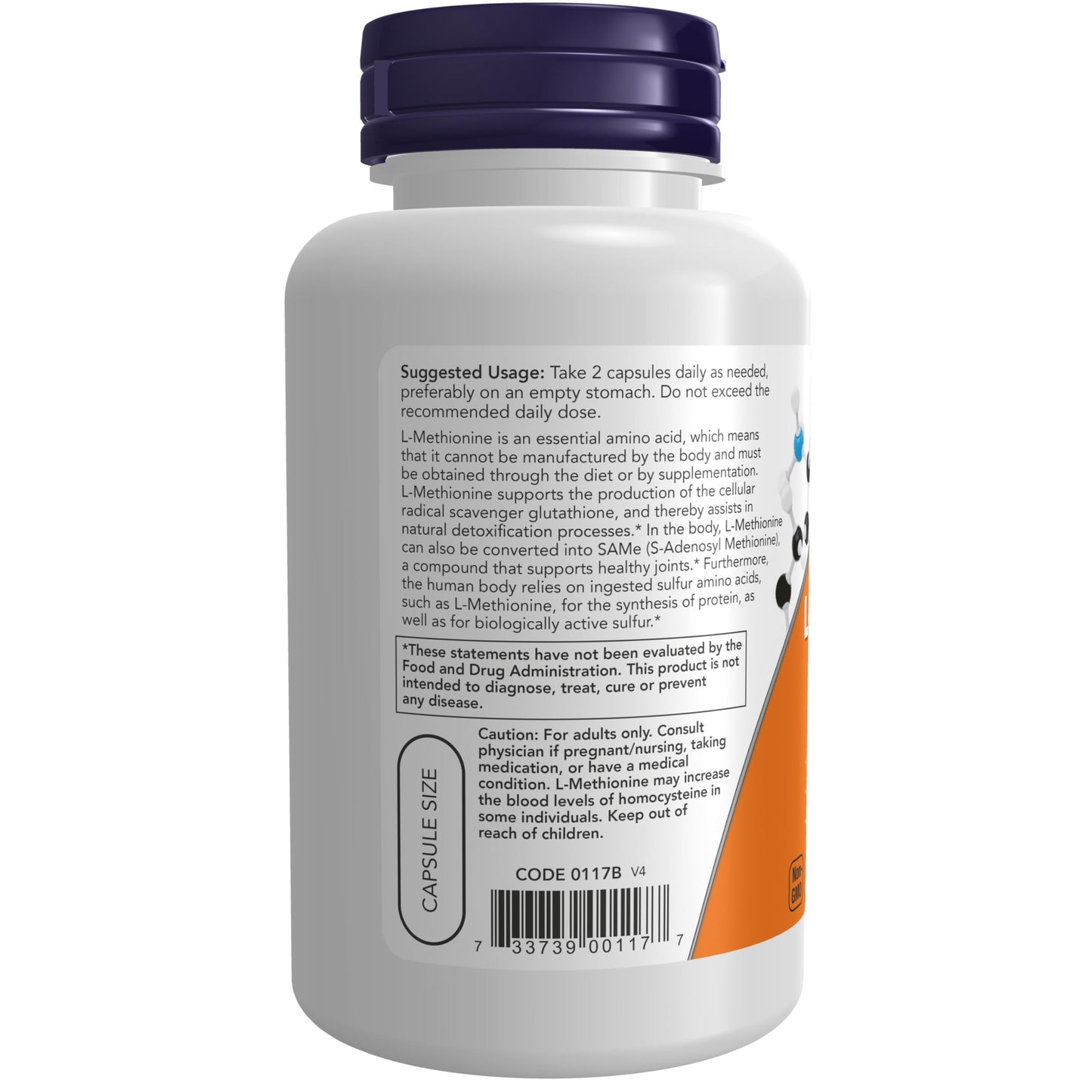 Side view of NOW Foods L-Methionine 500 mg dietary supplement bottle showing detoxification benefits