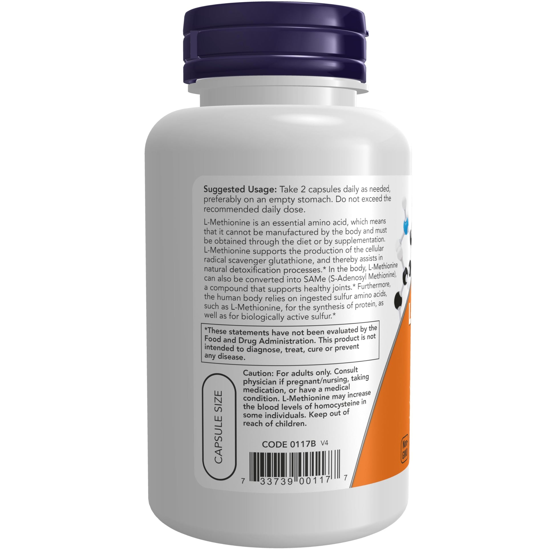 Side view of NOW Foods L-Methionine 500 mg dietary supplement bottle showing detoxification benefits