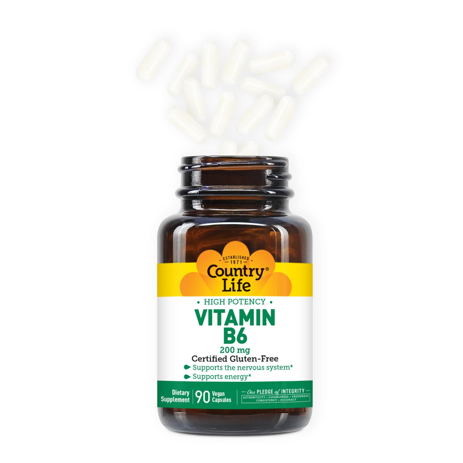 Country Life Vitamin B6 certified vegan and gluten free labels on amber bottle