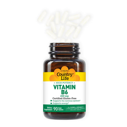 Country Life Vitamin B6 certified vegan and gluten free labels on amber bottle