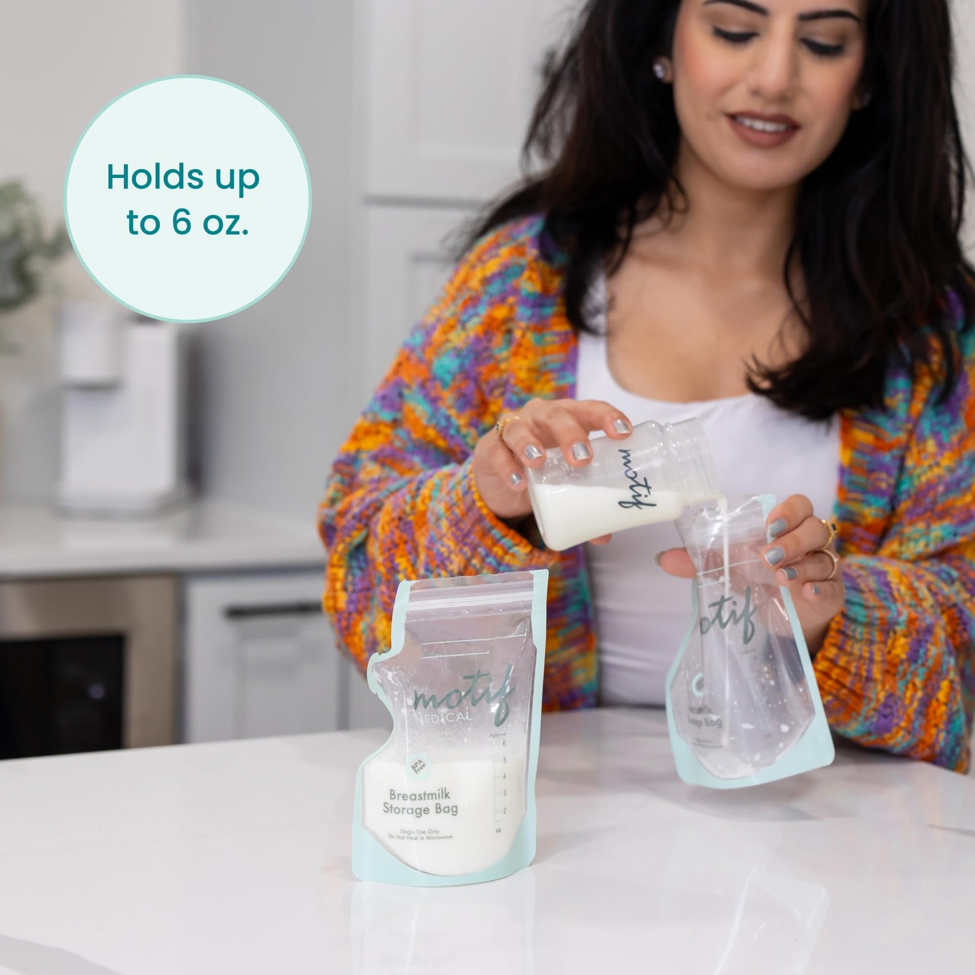 Motif Medical breastmilk bag showing the easy-pour spout design
