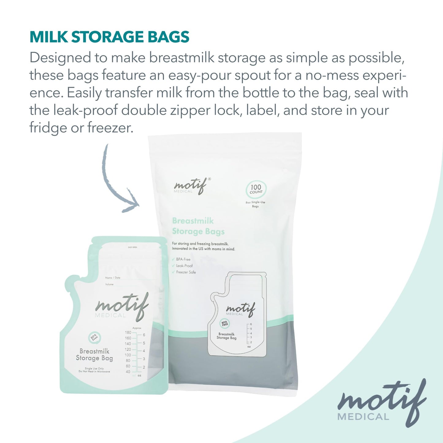Breastmilk storage bag with write-on label for tracking date and volume
