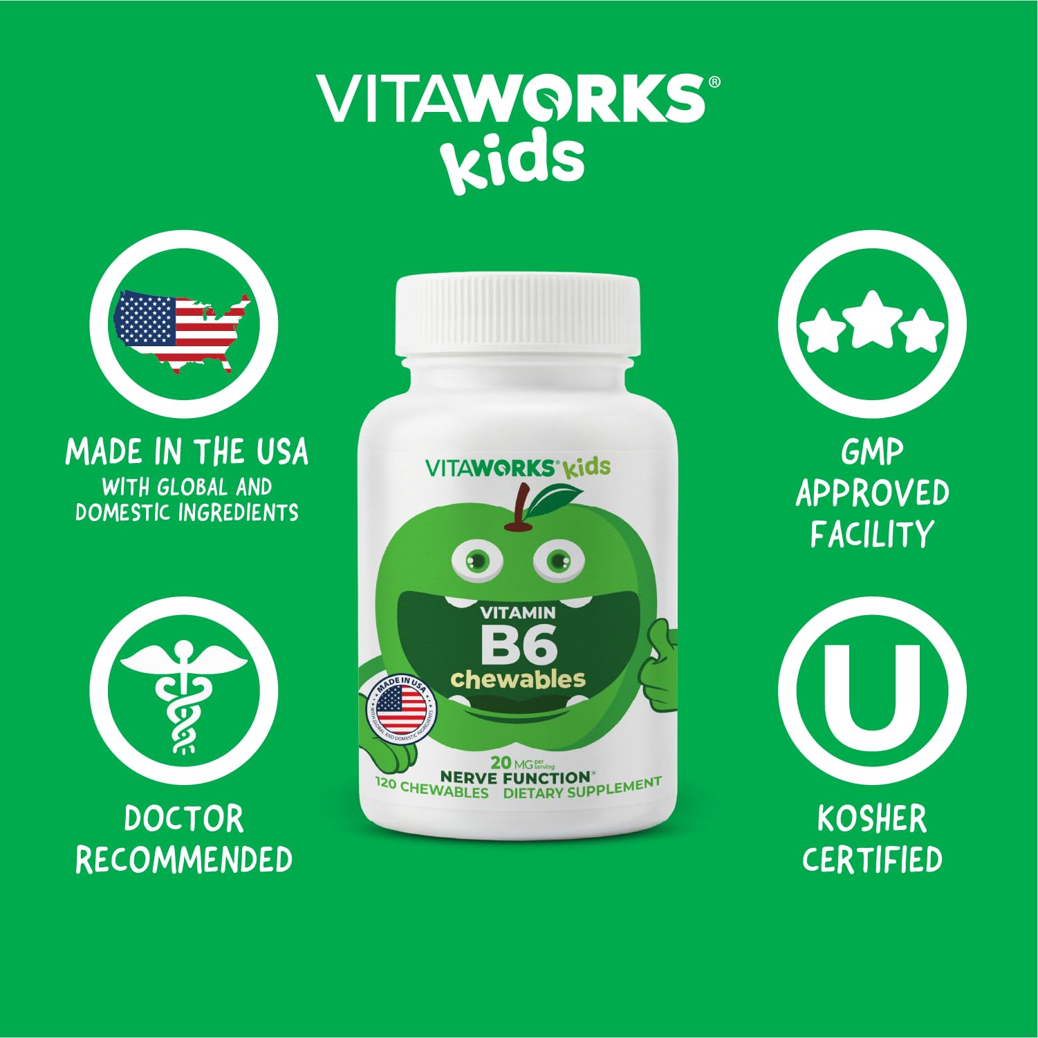 Side view of VitaWorks Kids Vitamin B6 chewable bottle