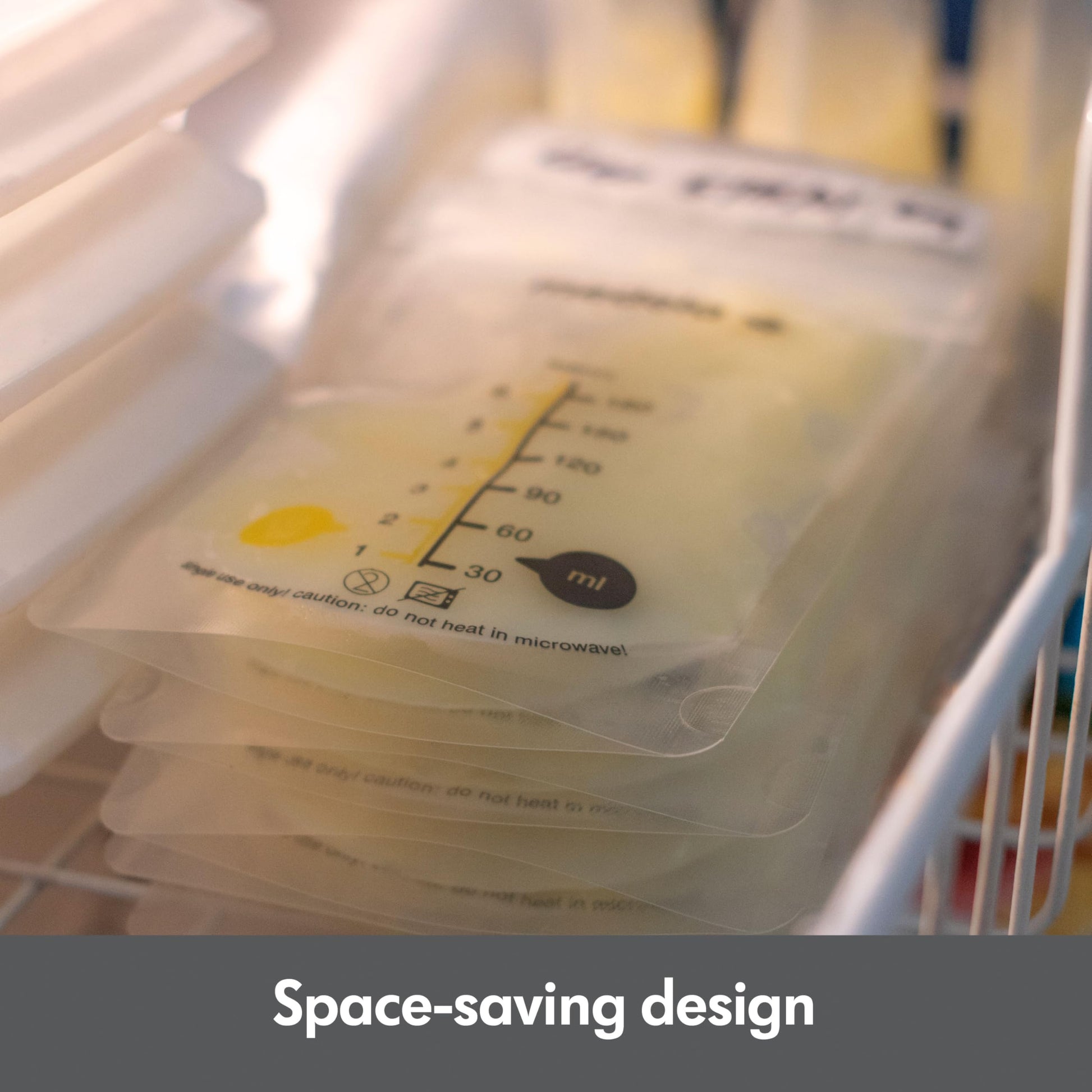 Medela milk storage bags showing measurement markings in Ounces and milliliters