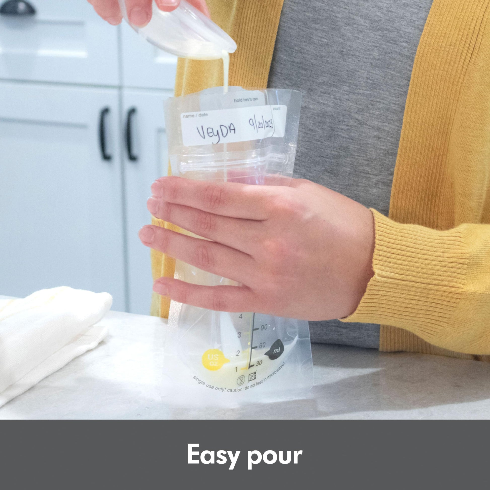 Top view of Medela breast milk storage bags in freezer