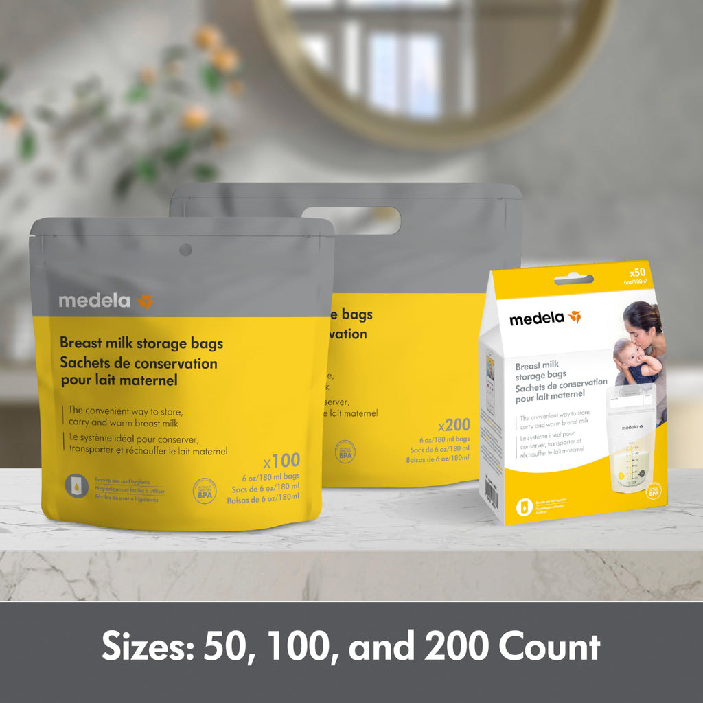 User filling Medela breast milk storage bag with breast pump