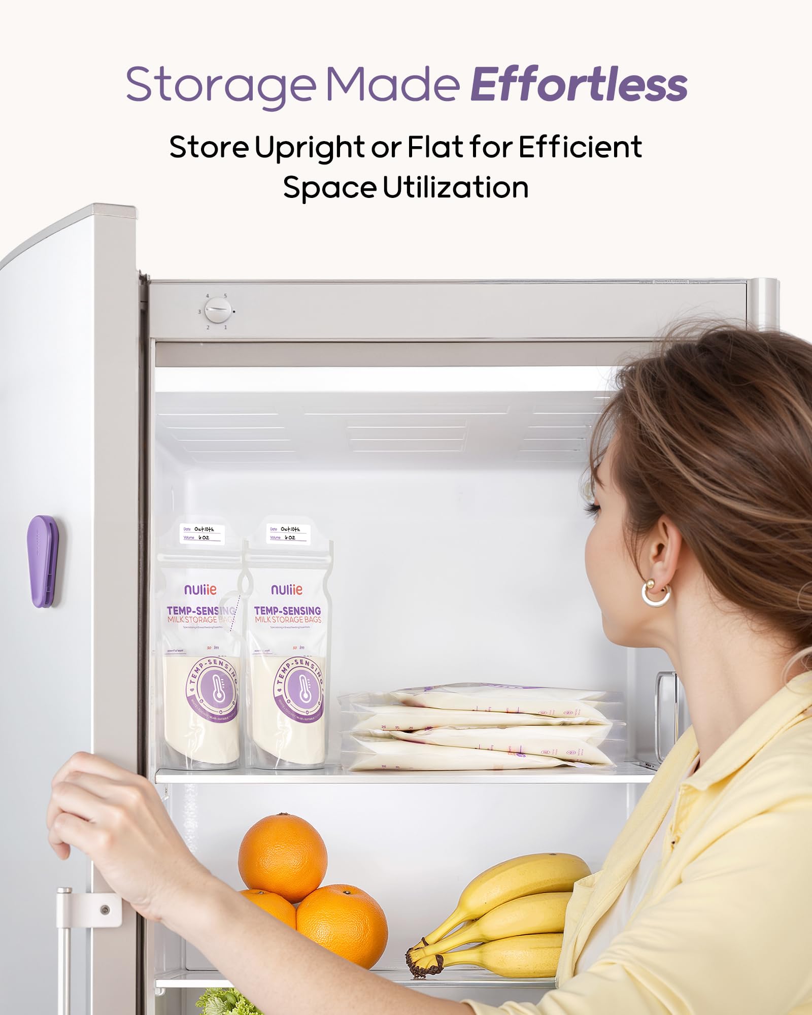 Nuliie breast milk bags organized in a freezer stack