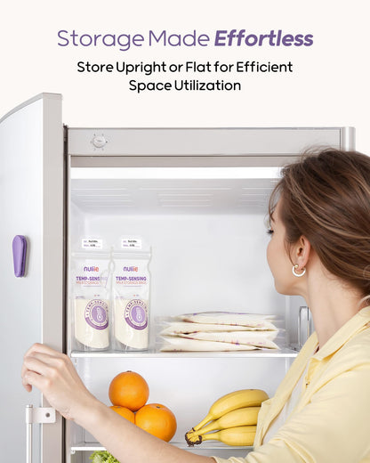 Nuliie breast milk bags organized in a freezer stack
