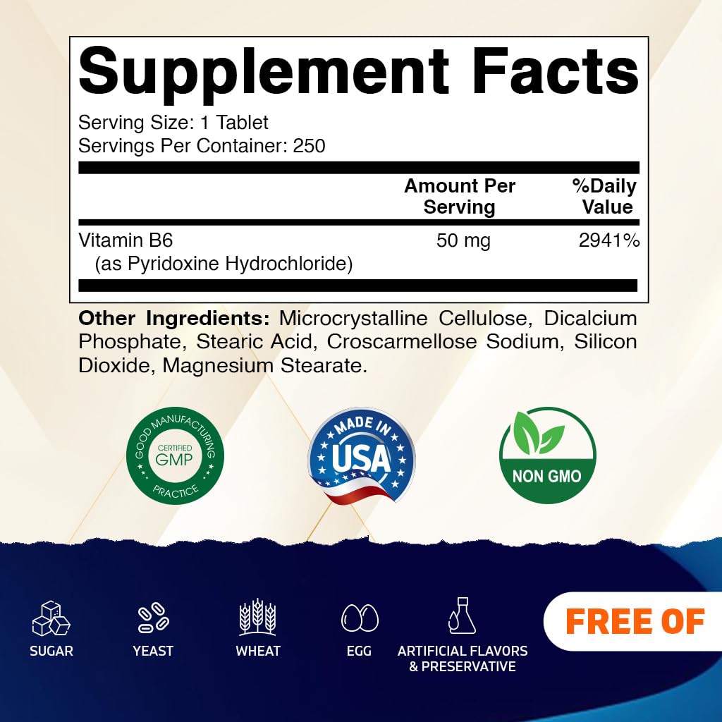 Vitamatic Vitamin B6 Pyridoxine Hydrochloride bottle back showing ingredients and nutritional facts.