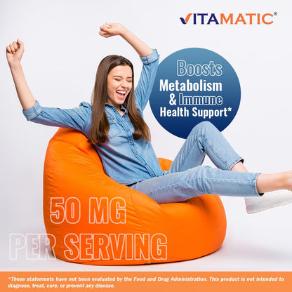Vitamatic Vitamin B6 250 count supplement bottle side view highlighting USA manufacturing.