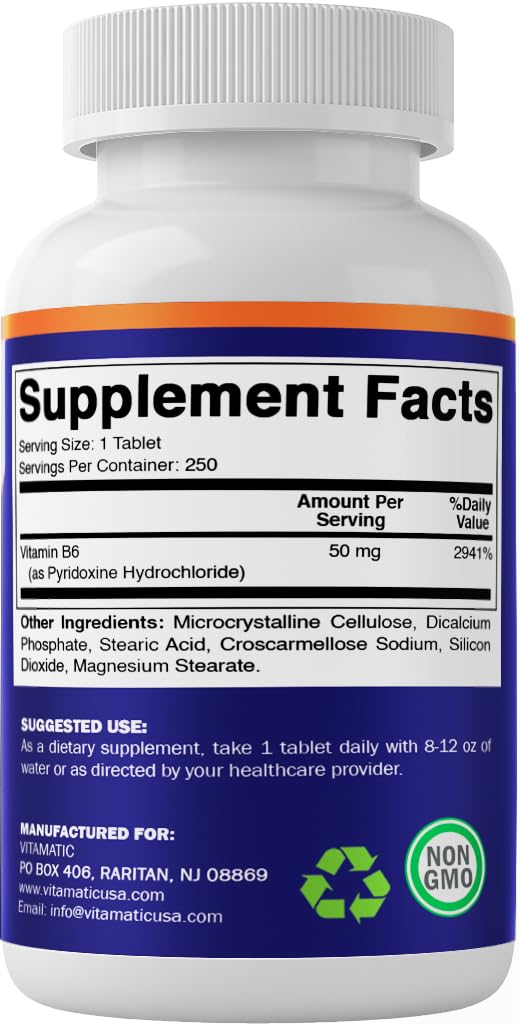 Vitamatic Pyridoxine Hydrochloride bottle displaying vegetarian and soy free label claims.