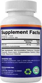 Vitamatic Pyridoxine Hydrochloride bottle displaying vegetarian and soy free label claims.