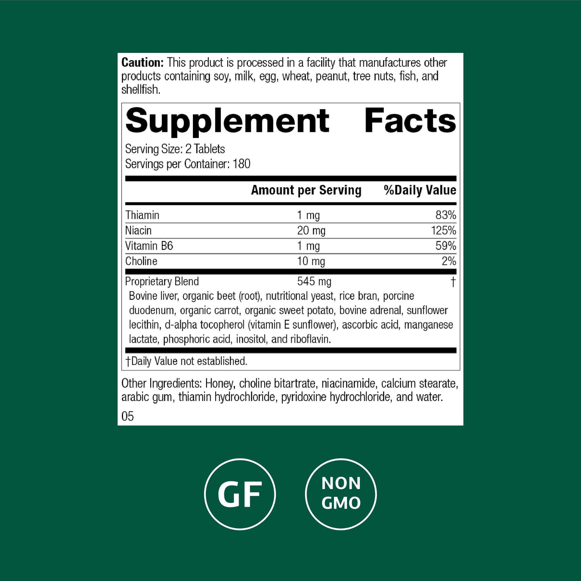 Standard Process Cataplex B GF bottle label showing nervous system support