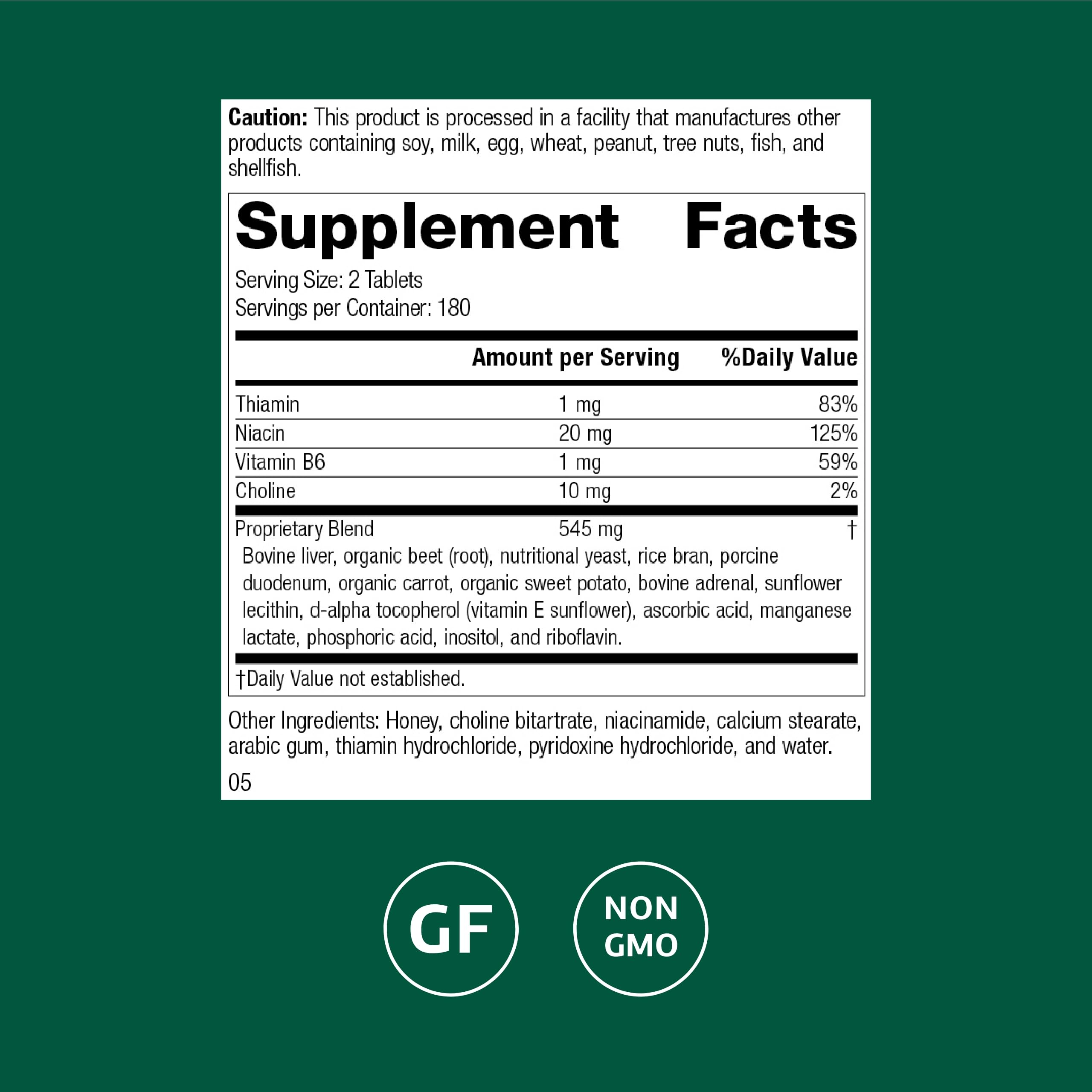 Standard Process Cataplex B GF bottle label showing nervous system support