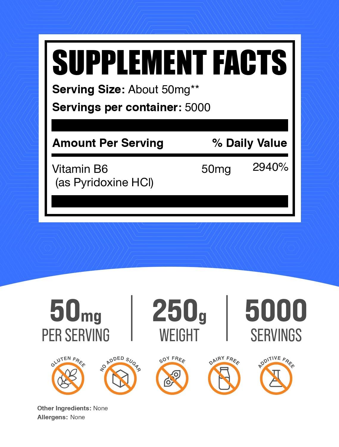 Close up of BulkSupplements B6 powder nutritional label