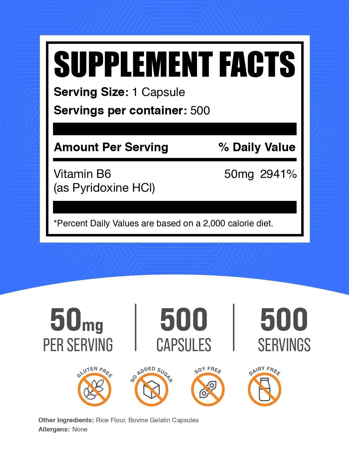 Close up of BulkSupplements Vitamin B6 bottle label showing 50 milligram dosage