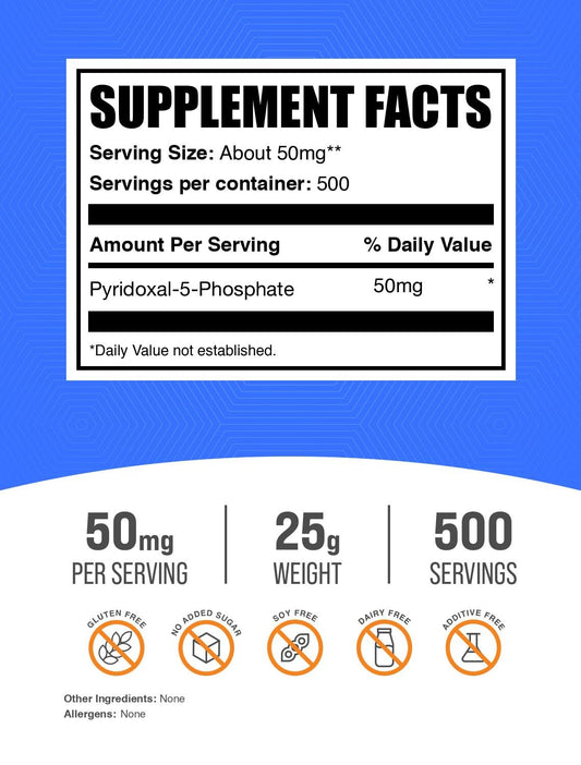 Close up of BulkSupplements P5P Vitamin B6 powder label