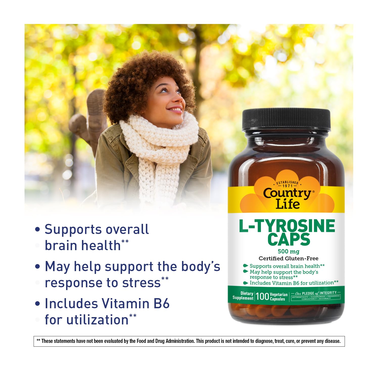 Country Life L Tyrosine 100 vegetarian capsules supplement facts and clean formulation label