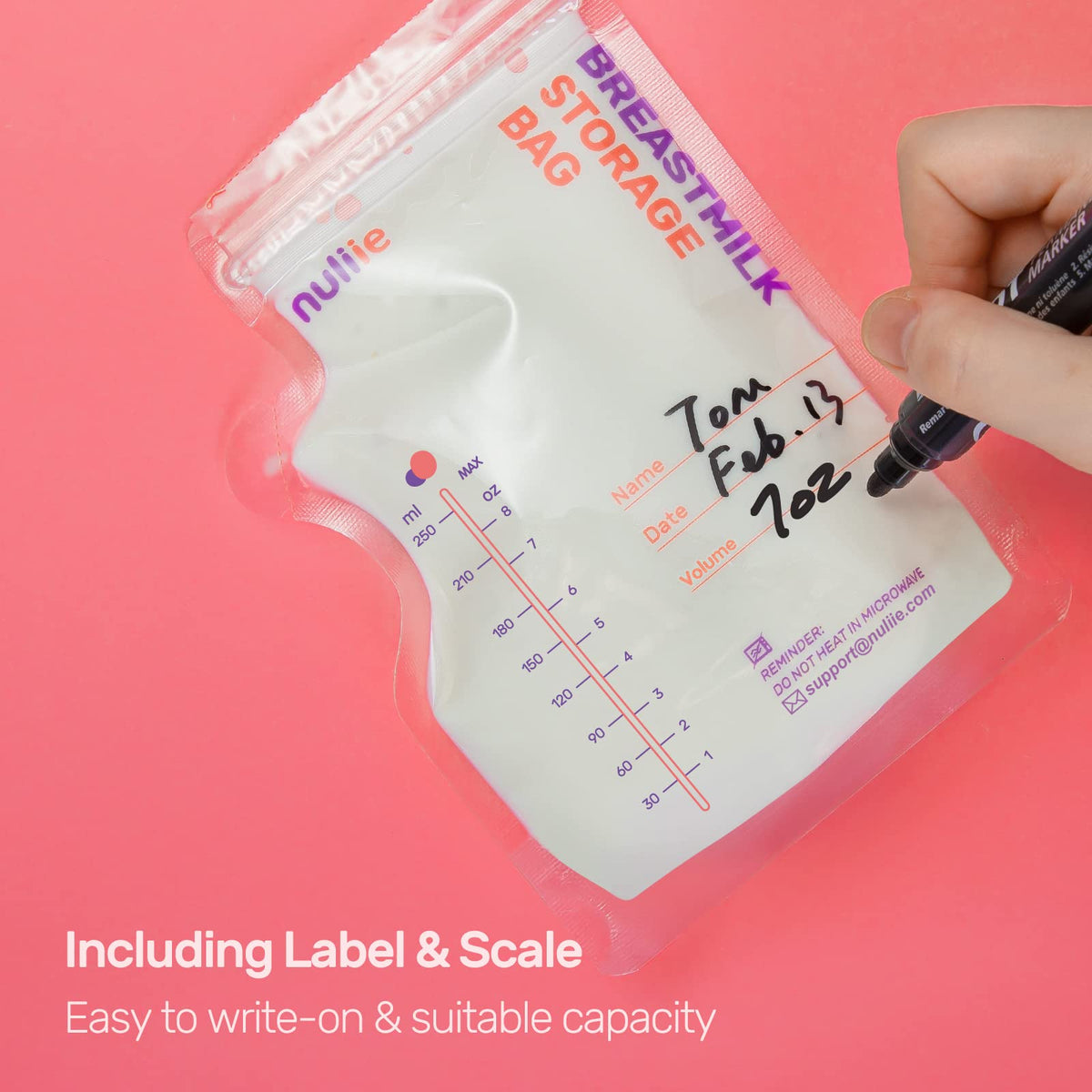 Nuliie breastmilk bag labeled with date and volume