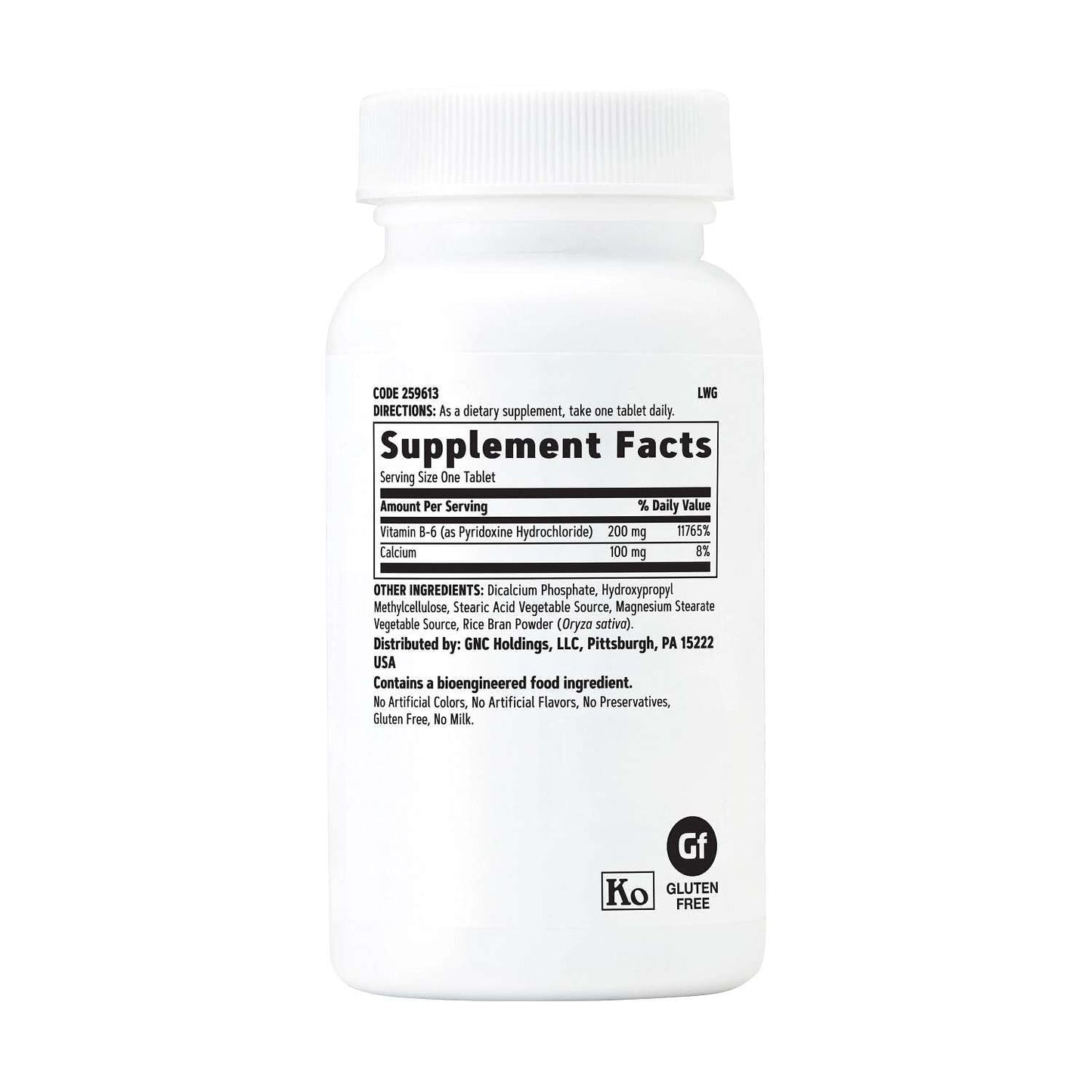 Close up of GNC Vitamin B6 100 vegetarian tablets bottle label