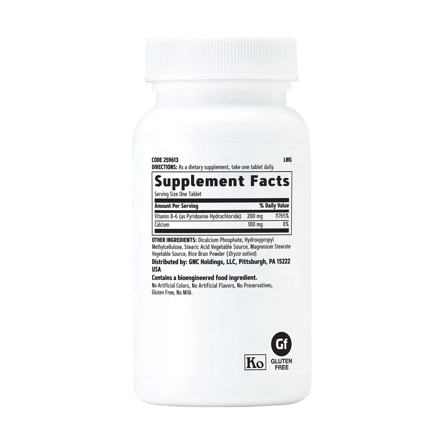 Close up of GNC Vitamin B6 100 vegetarian tablets bottle label