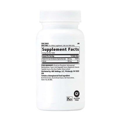 Close up of GNC Vitamin B6 100 vegetarian tablets bottle label